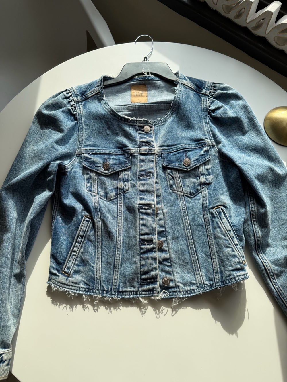 Denim Puff Sleeve Collarless Jacket - SM